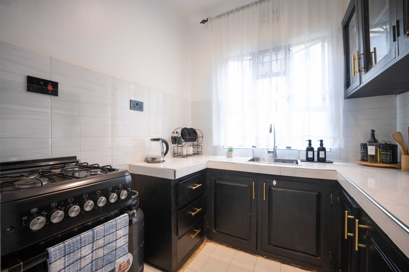 Tanzanite apartment kitchen with gas stove and brass handles
